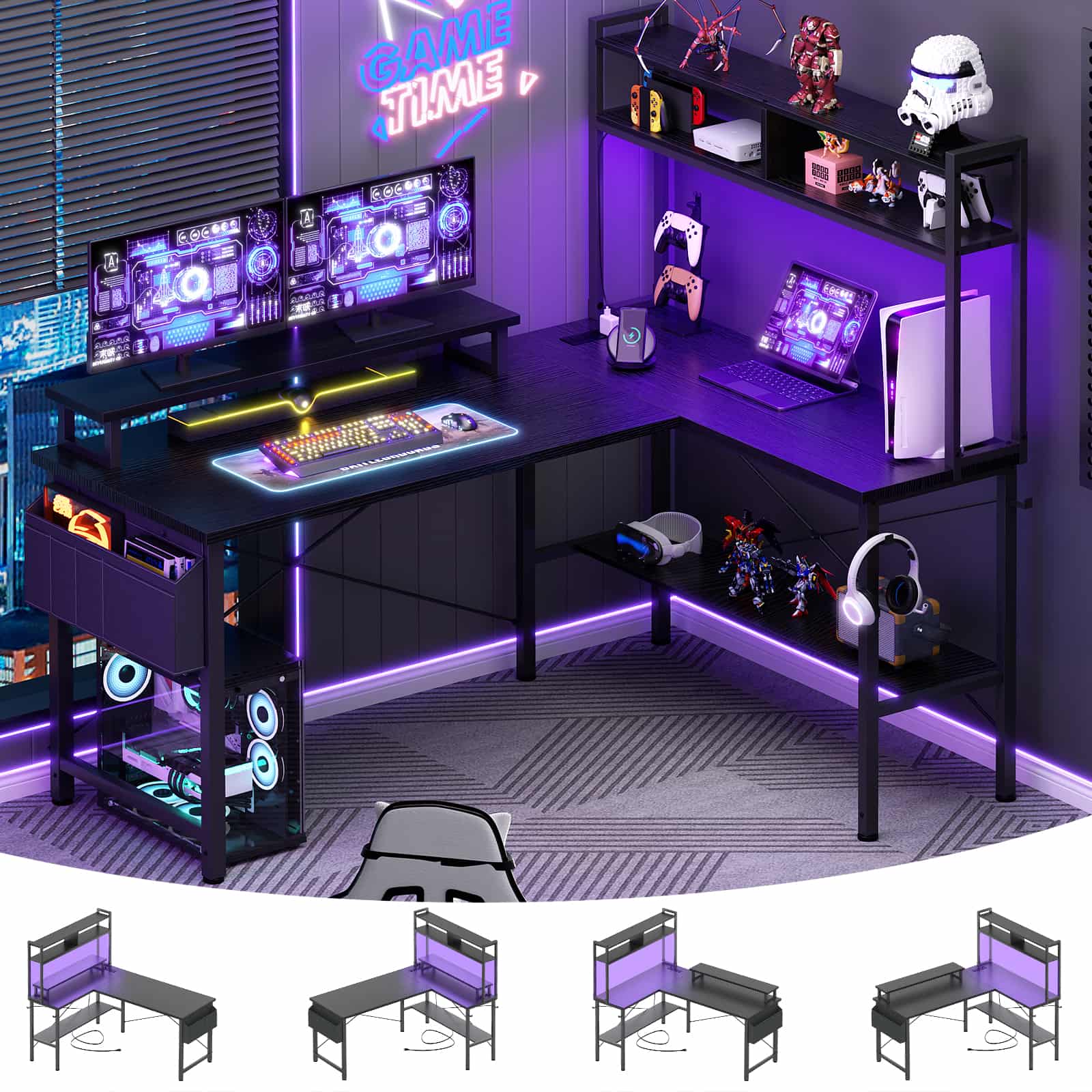 L Shaped Gaming Desk with Outlets and LED Lights