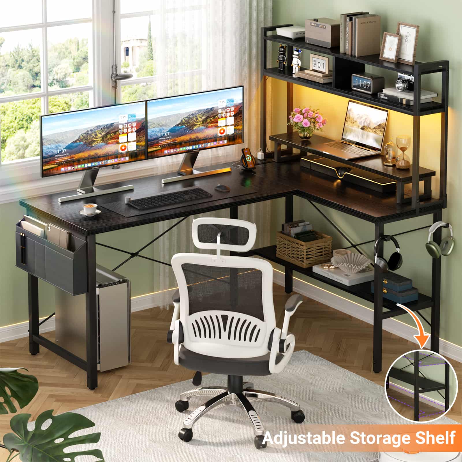 L Shaped Gaming Desk with Outlets and LED Lights