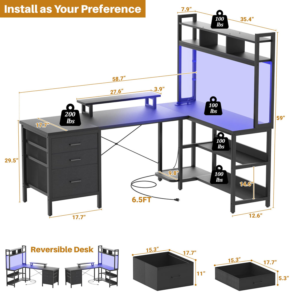58.7'' Large L Shaped Corner Desk with Drawers and Shelves