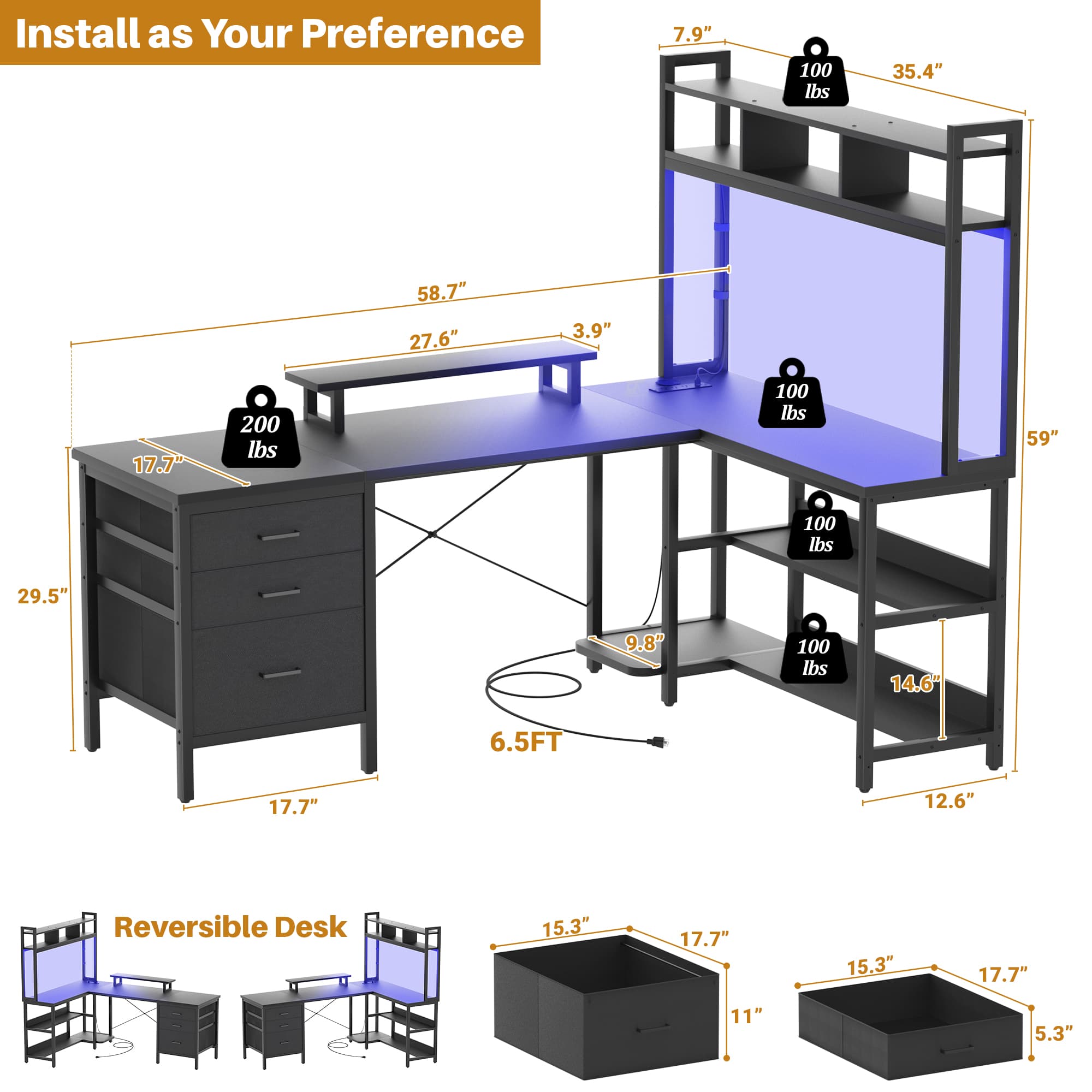 58.7'' Large L Shaped Corner Desk with Drawers and Shelves
