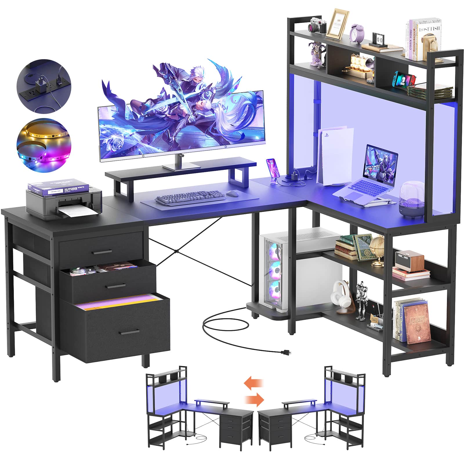 58.7'' Large L Shaped Corner Desk with Drawers and Shelves