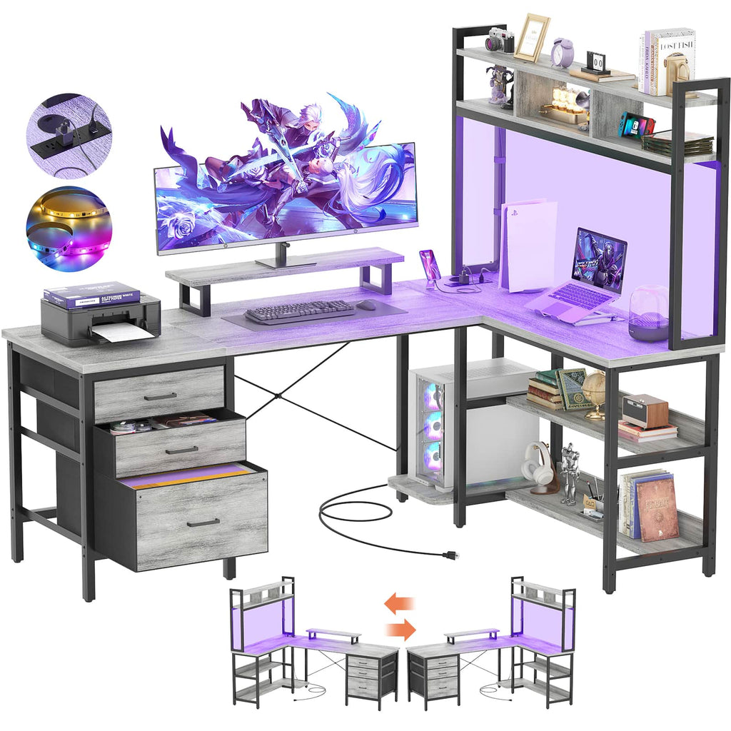 58.7'' Large L Shaped Corner Desk with Drawers and Shelves