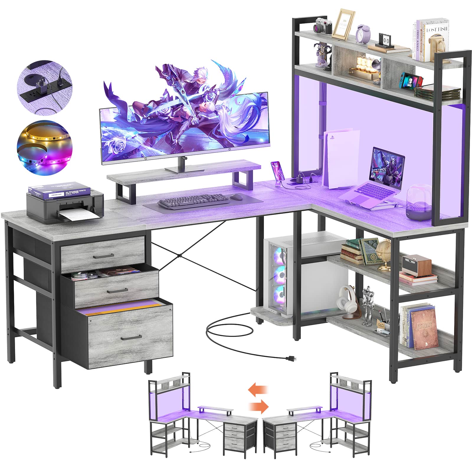 58.7'' Large L Shaped Corner Desk with Drawers and Shelves