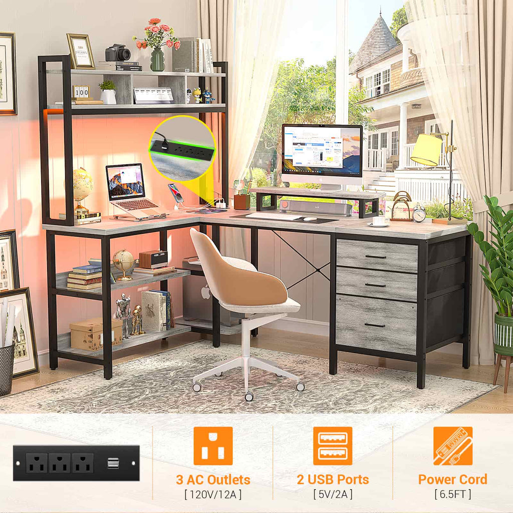 58.7'' Large L Shaped Corner Desk with Drawers and Shelves