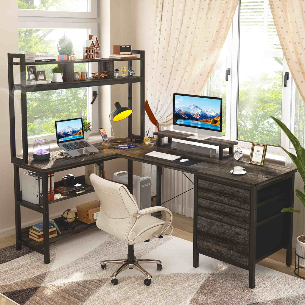 58.7'' Large L Shaped Corner Desk with Drawers and Shelves
