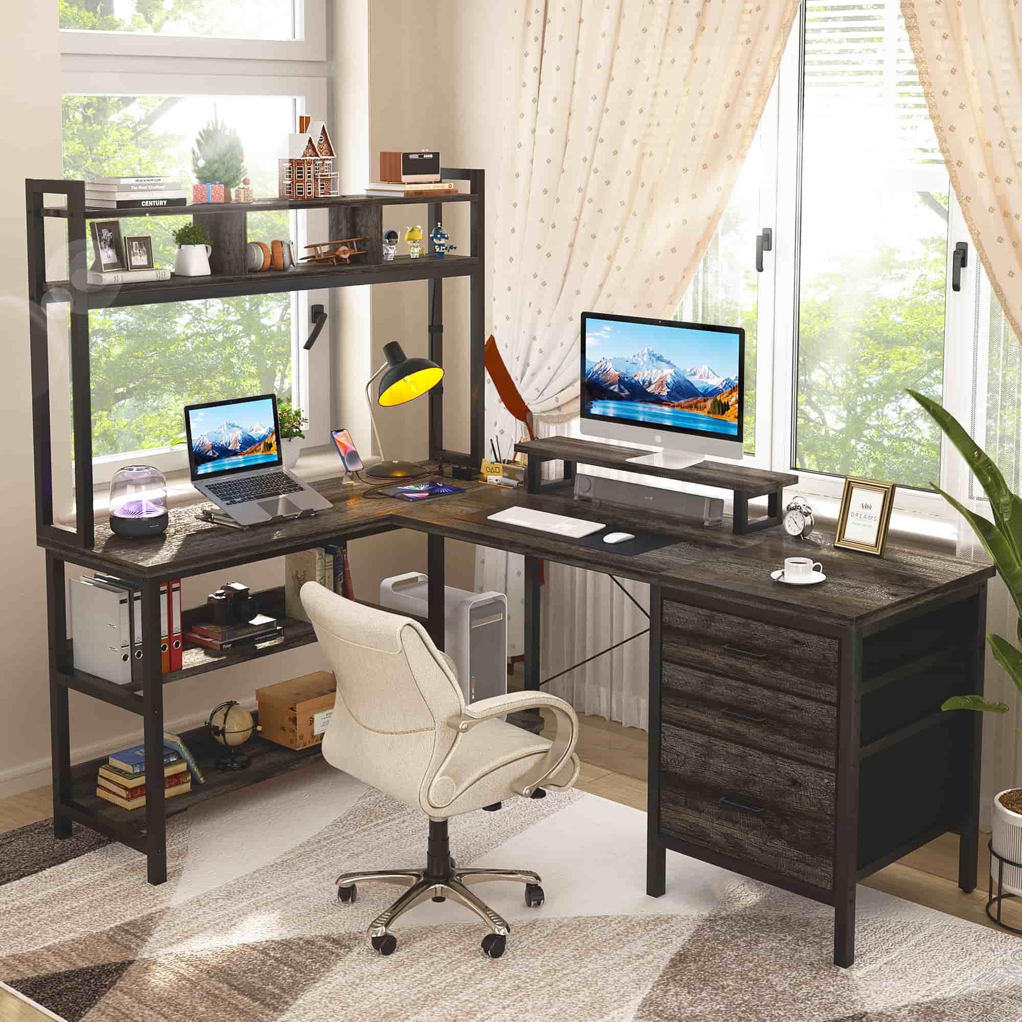 58.7'' Large L Shaped Corner Desk with Drawers and Shelves