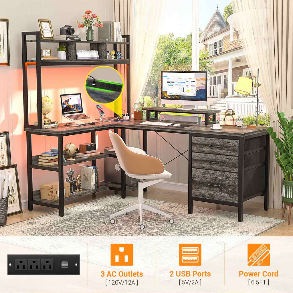 58.7'' Large L Shaped Corner Desk with Drawers and Shelves