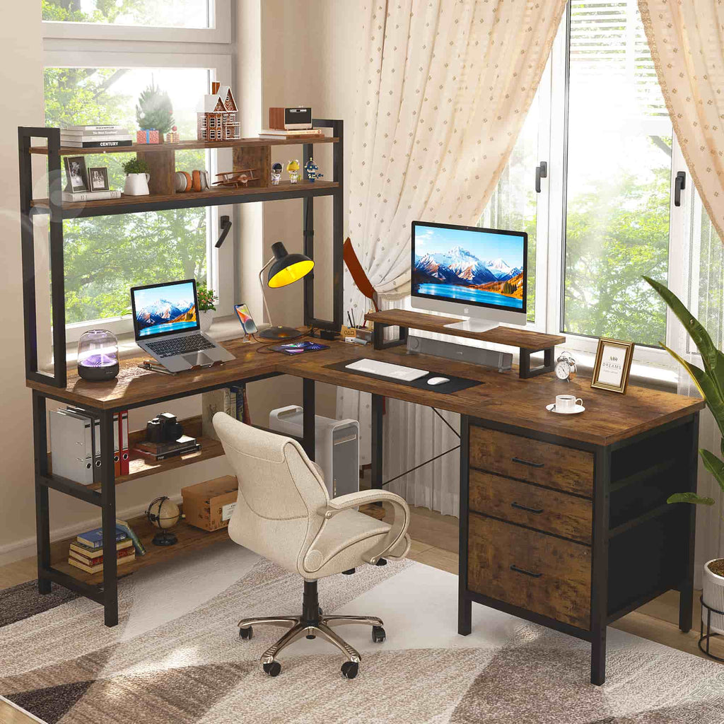 58.7'' Large L Shaped Corner Desk with Drawers and Shelves