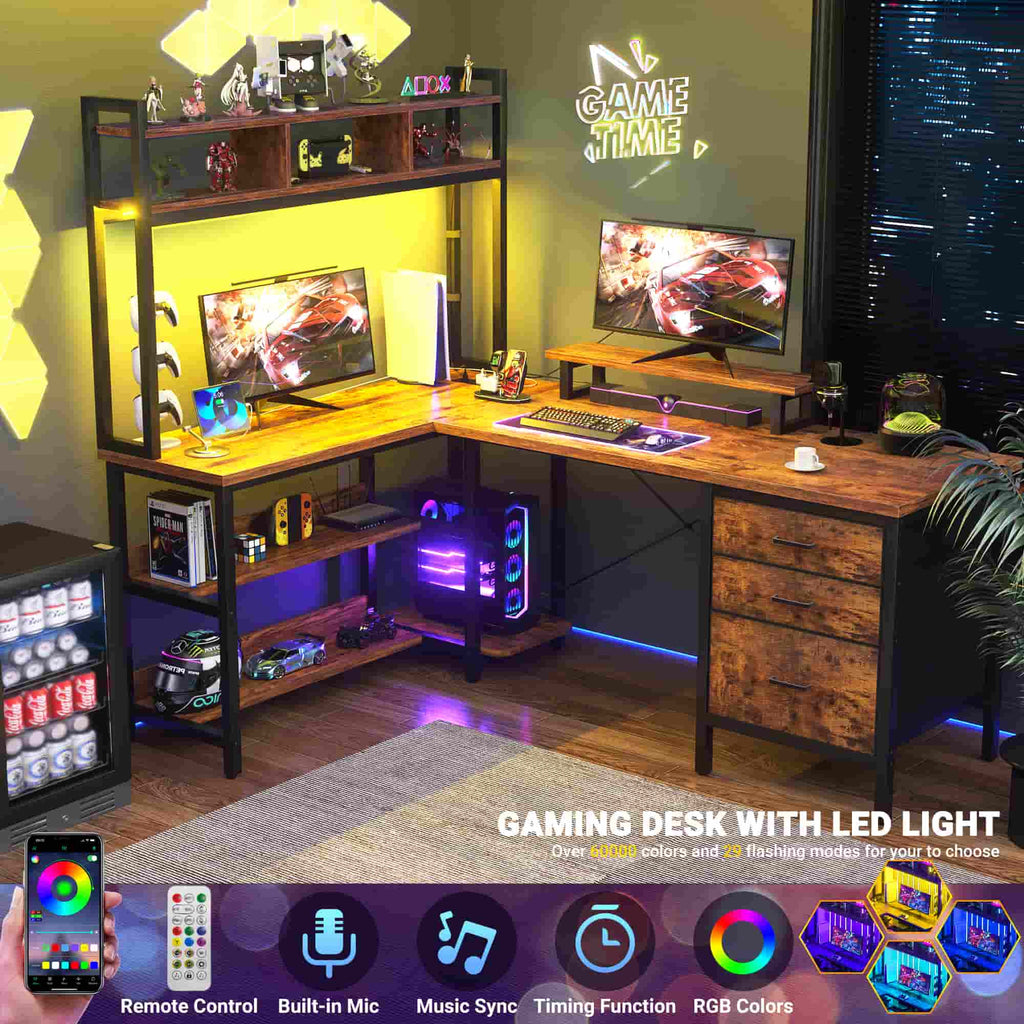 58.7'' Large L Shaped Corner Desk with Drawers and Shelves