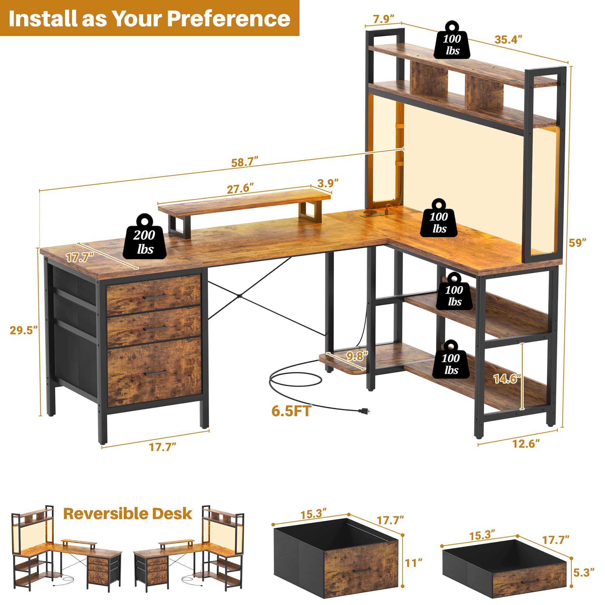 58.7'' Large L Shaped Corner Desk with Drawers and Shelves