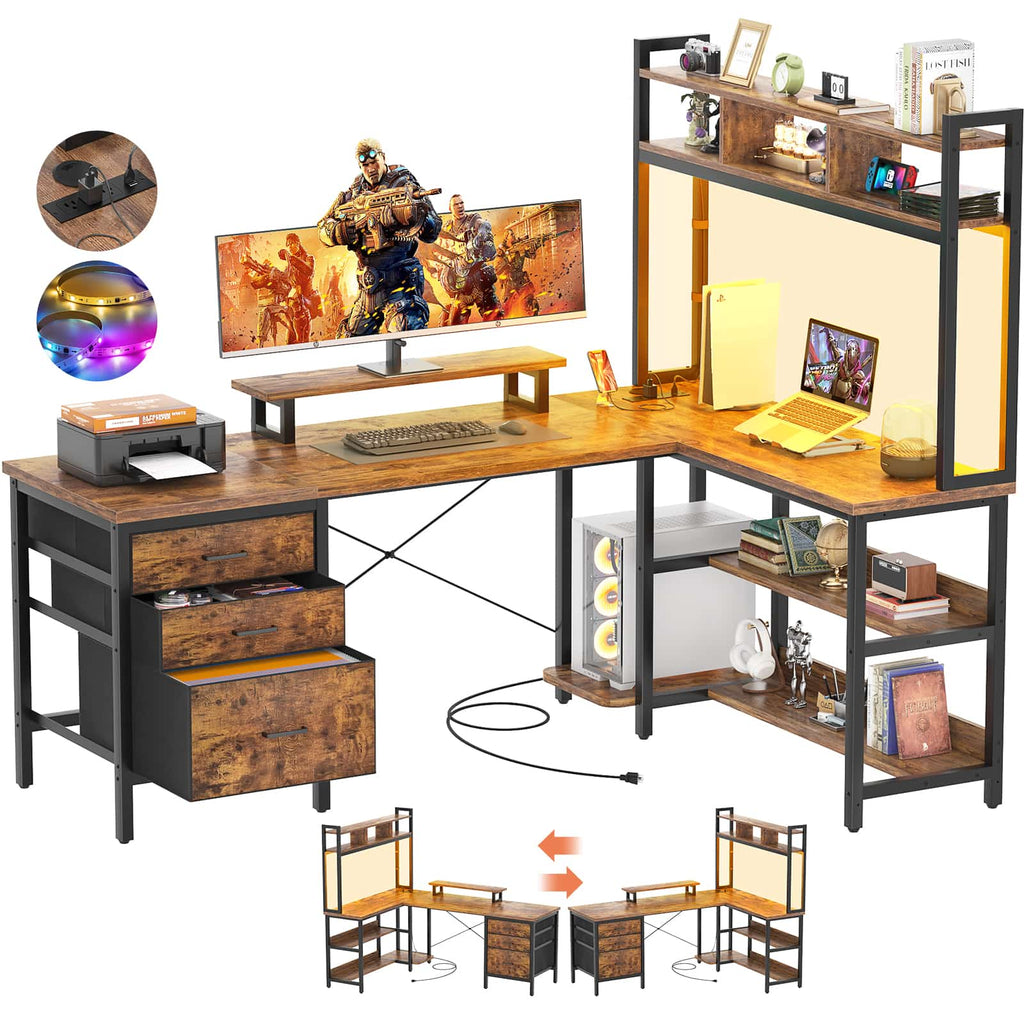 58.7'' Large L Shaped Corner Desk with Drawers and Shelves