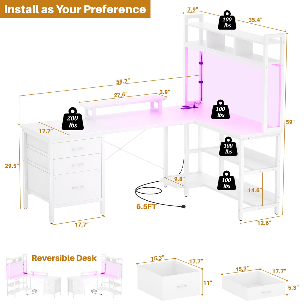58.7'' Large L Shaped Corner Desk with Drawers and Shelves