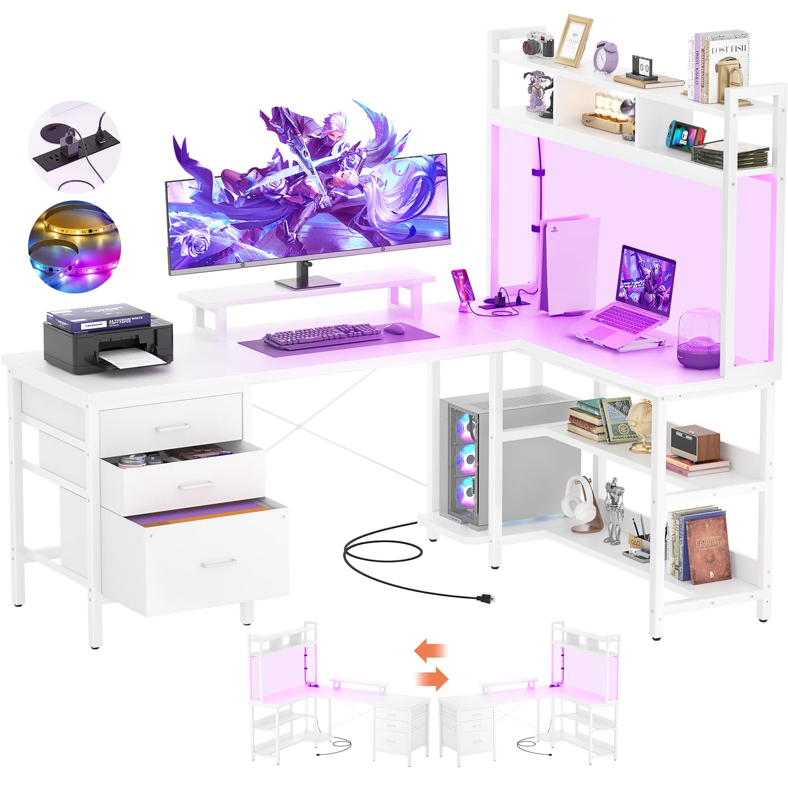 58.7'' Large L Shaped Corner Desk with Drawers and Shelves