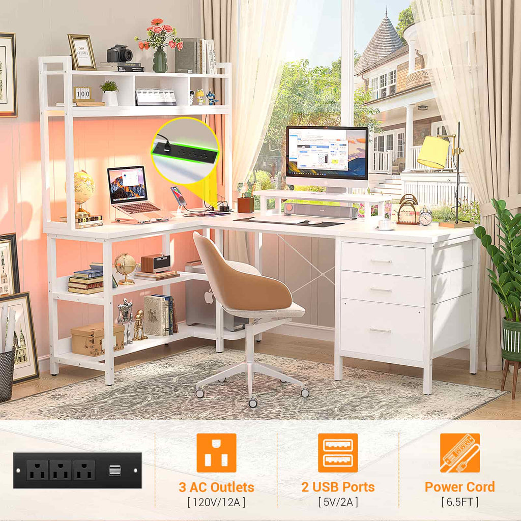 58.7'' Large L Shaped Corner Desk with Drawers and Shelves