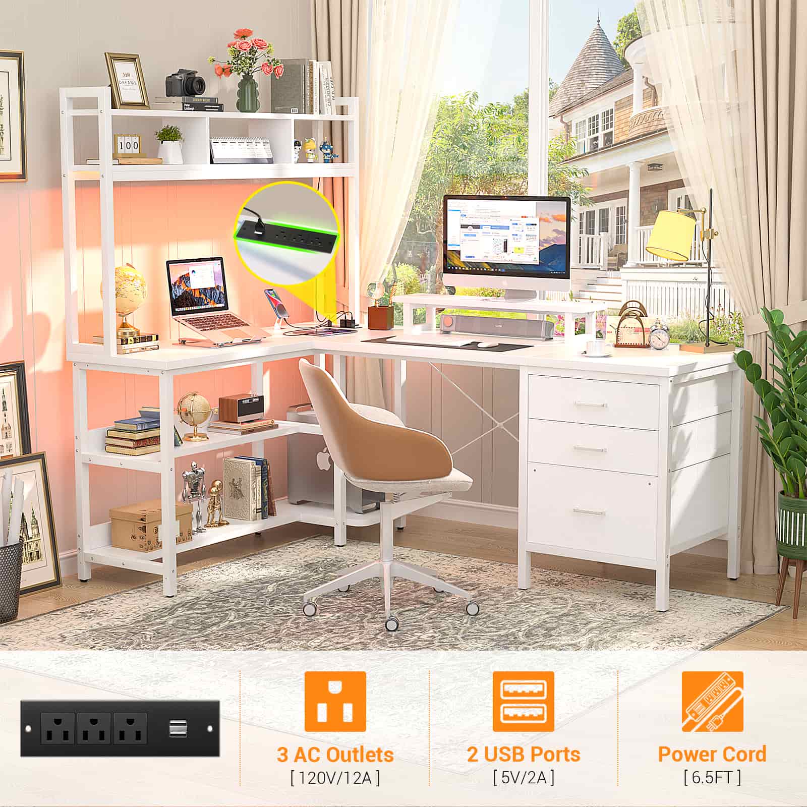 58.7'' Large L Shaped Corner Desk with Drawers and Shelves