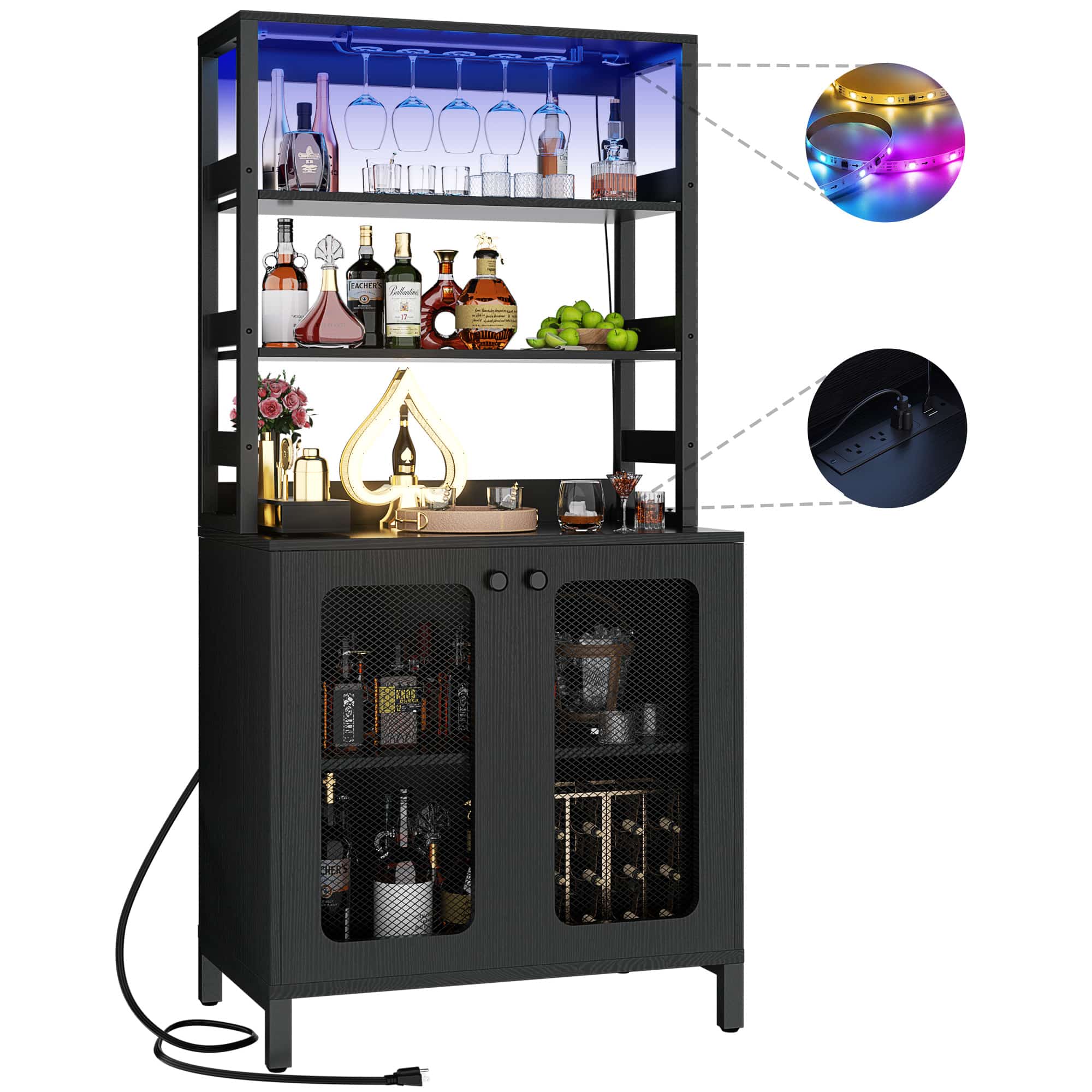 Tall Wine Cabinet with Power Outlets and RGB LED Lights
