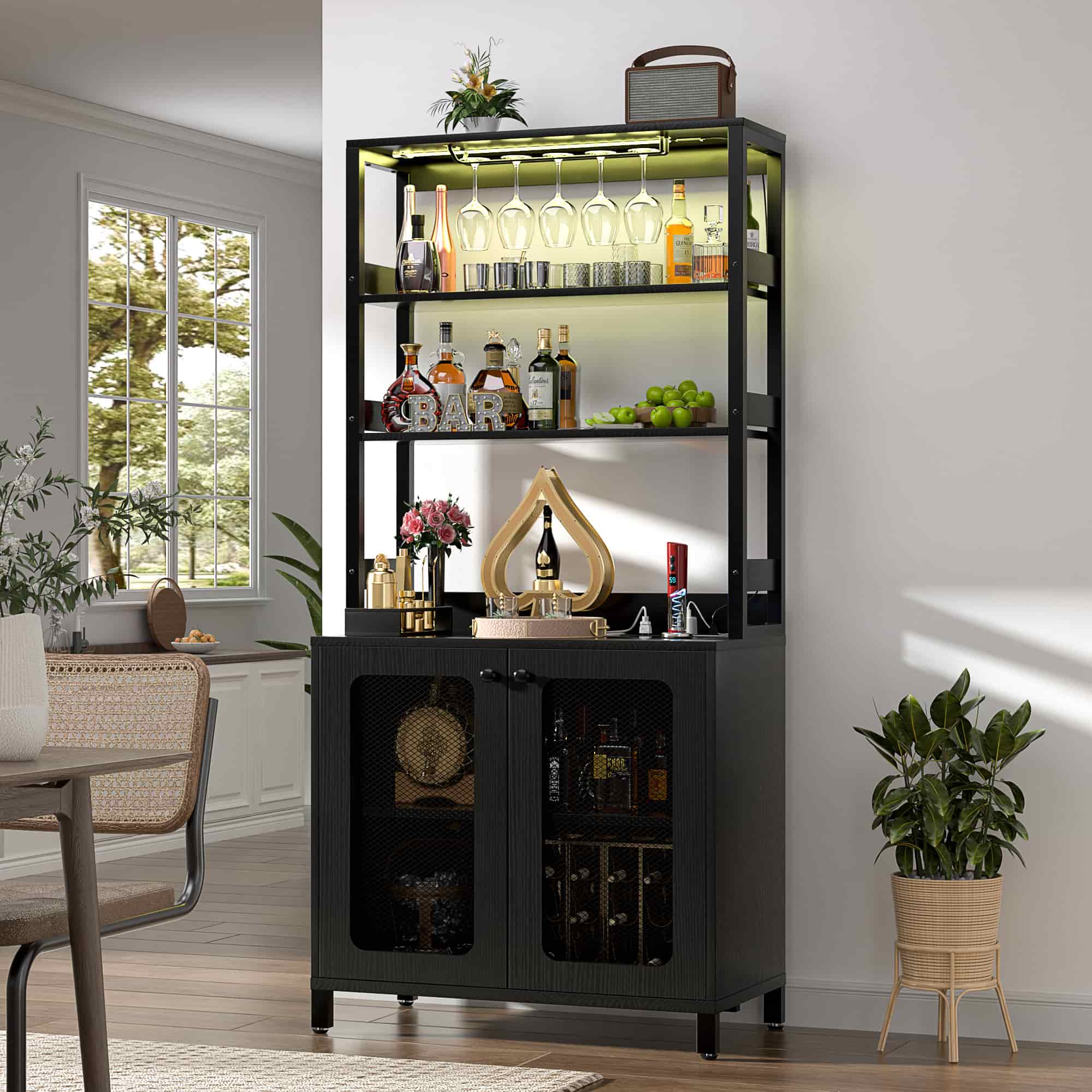 Tall Wine Cabinet with Power Outlets and RGB LED Lights