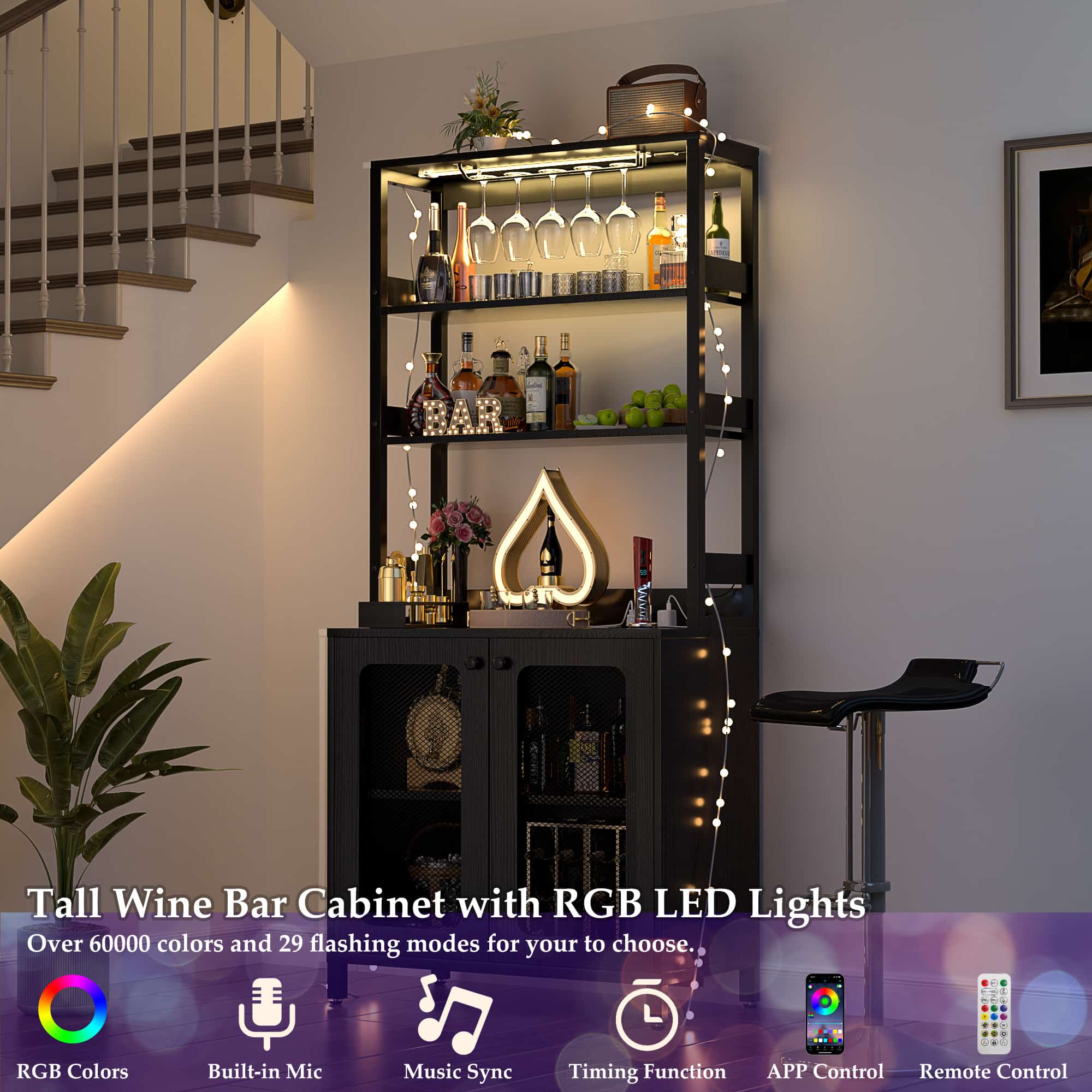 Tall Wine Cabinet with Power Outlets and RGB LED Lights