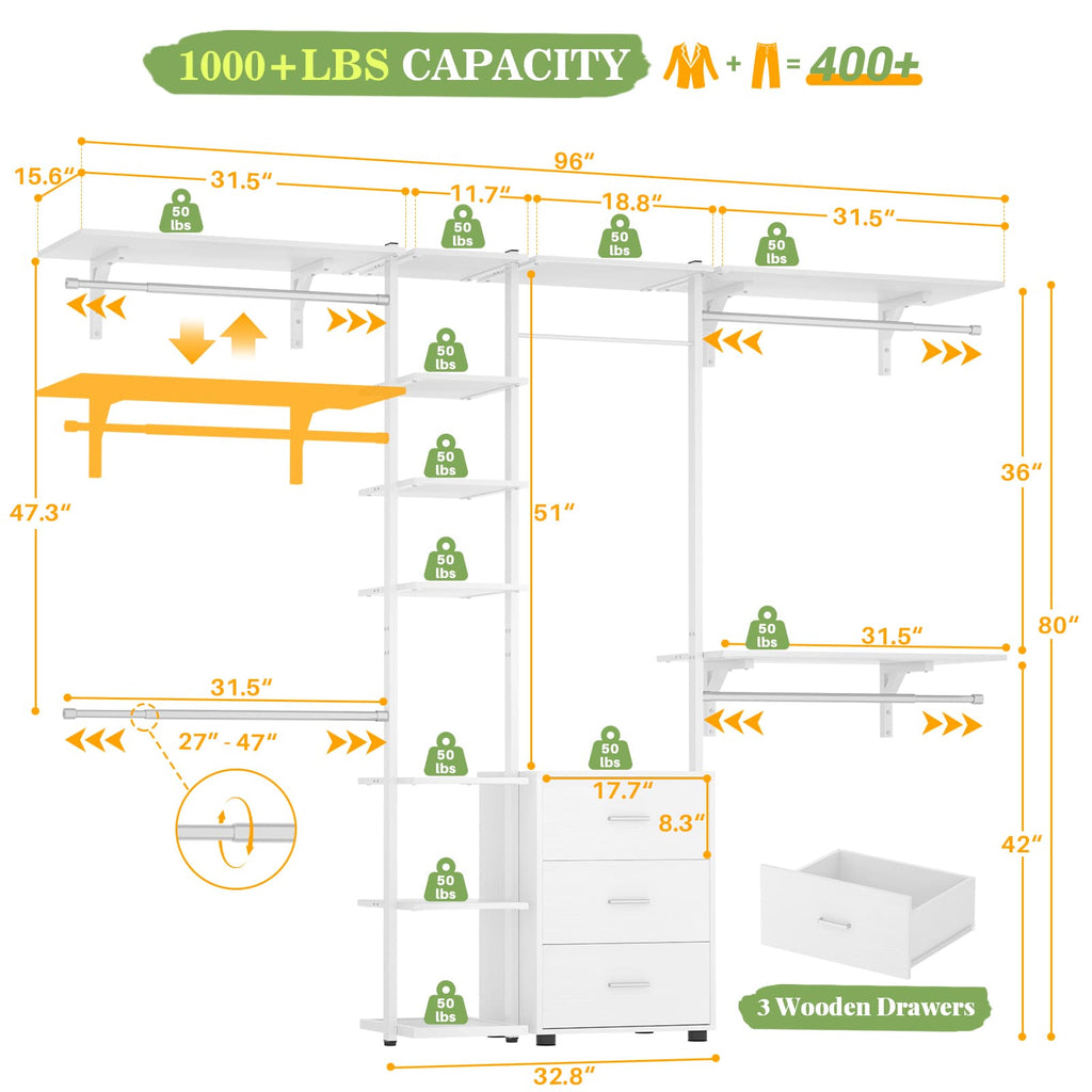 Wall Mounted Closet Organizer with Drawers and Shelves