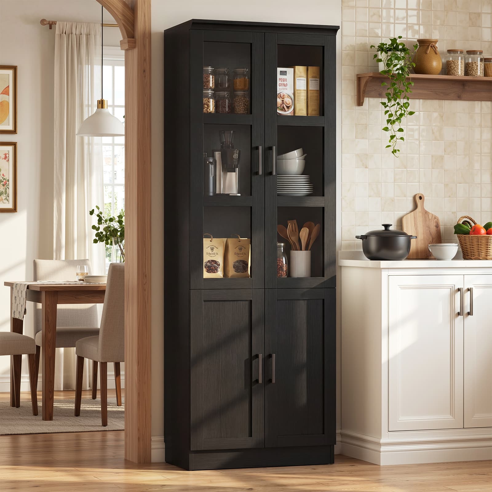 79.7'' Tall Pantry Cabinet with Glass Doors and Adjustable Shelves