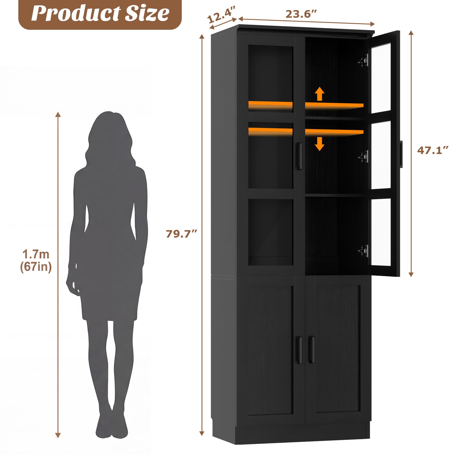 79.7'' Tall Pantry Cabinet with Glass Doors and Adjustable Shelves