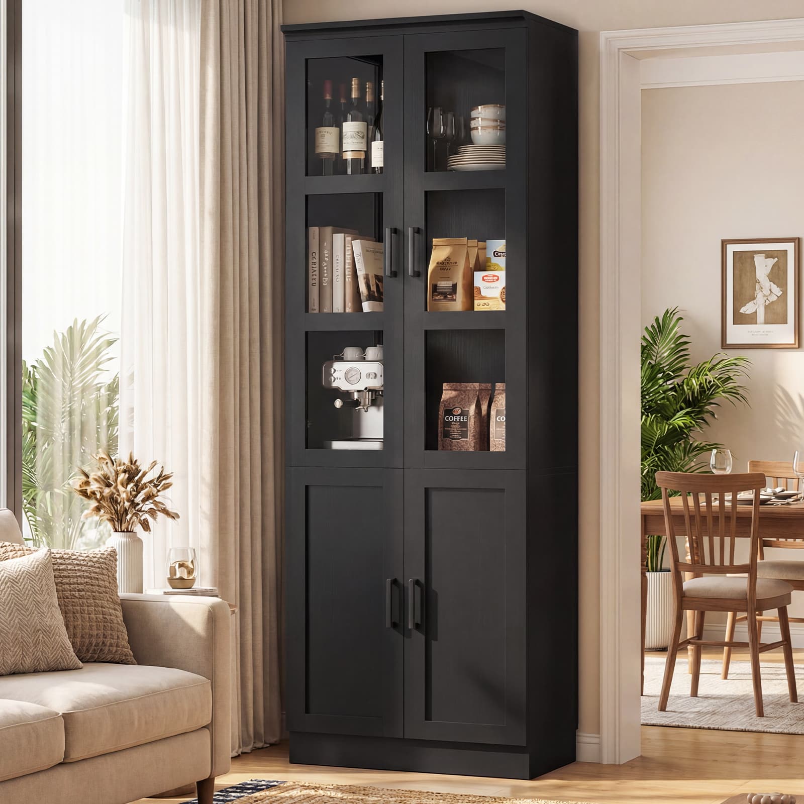 79.7'' Tall Pantry Cabinet with Glass Doors and Adjustable Shelves